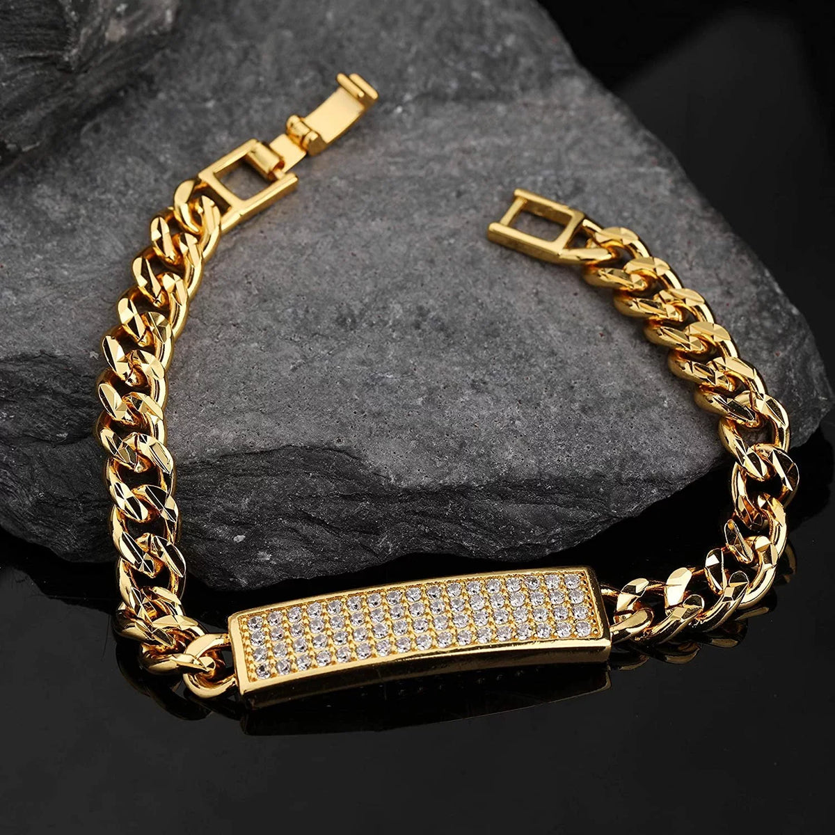 Curb Gold Trendy Link Pave Plated Bracelet Bergamo Cuban, Zirconia Giorgio ID Micro Cubic