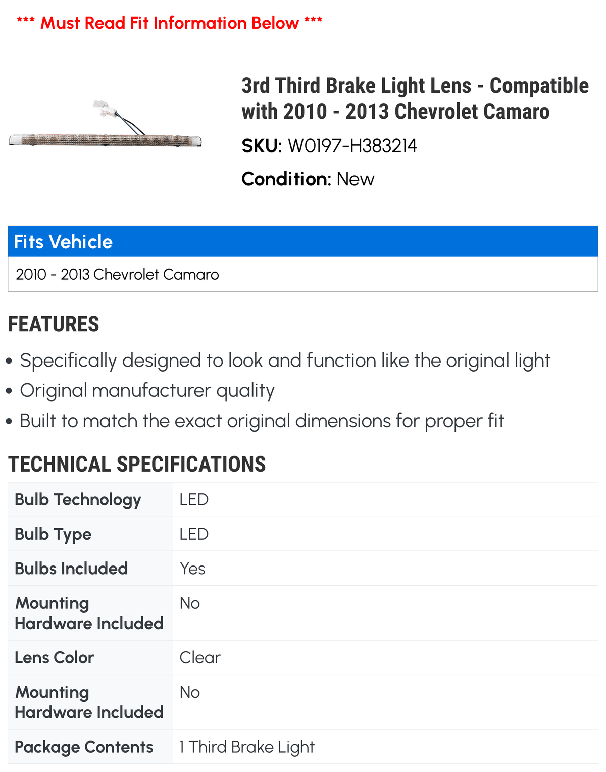 Chevy Light 2010 with - 2013 2012 - Camaro 3rd Third 2011 Brake Compatible Lens