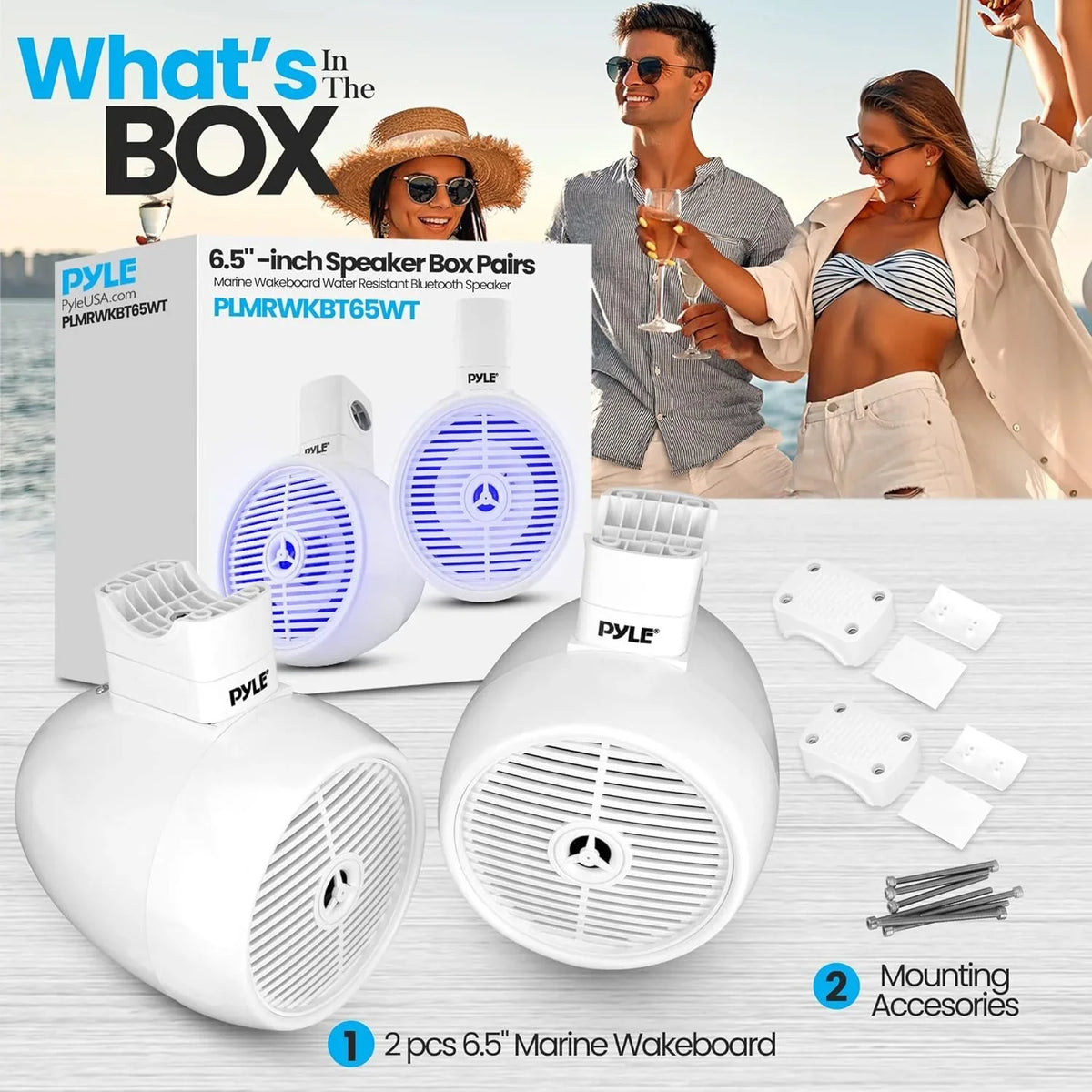 '- Bluetooth Box Marine System LED PLMRWKBT65WT Single with Resistant Built-in Speaker White Wakeboard Speaker Lights, 2-Way 6.5" liquid Mini