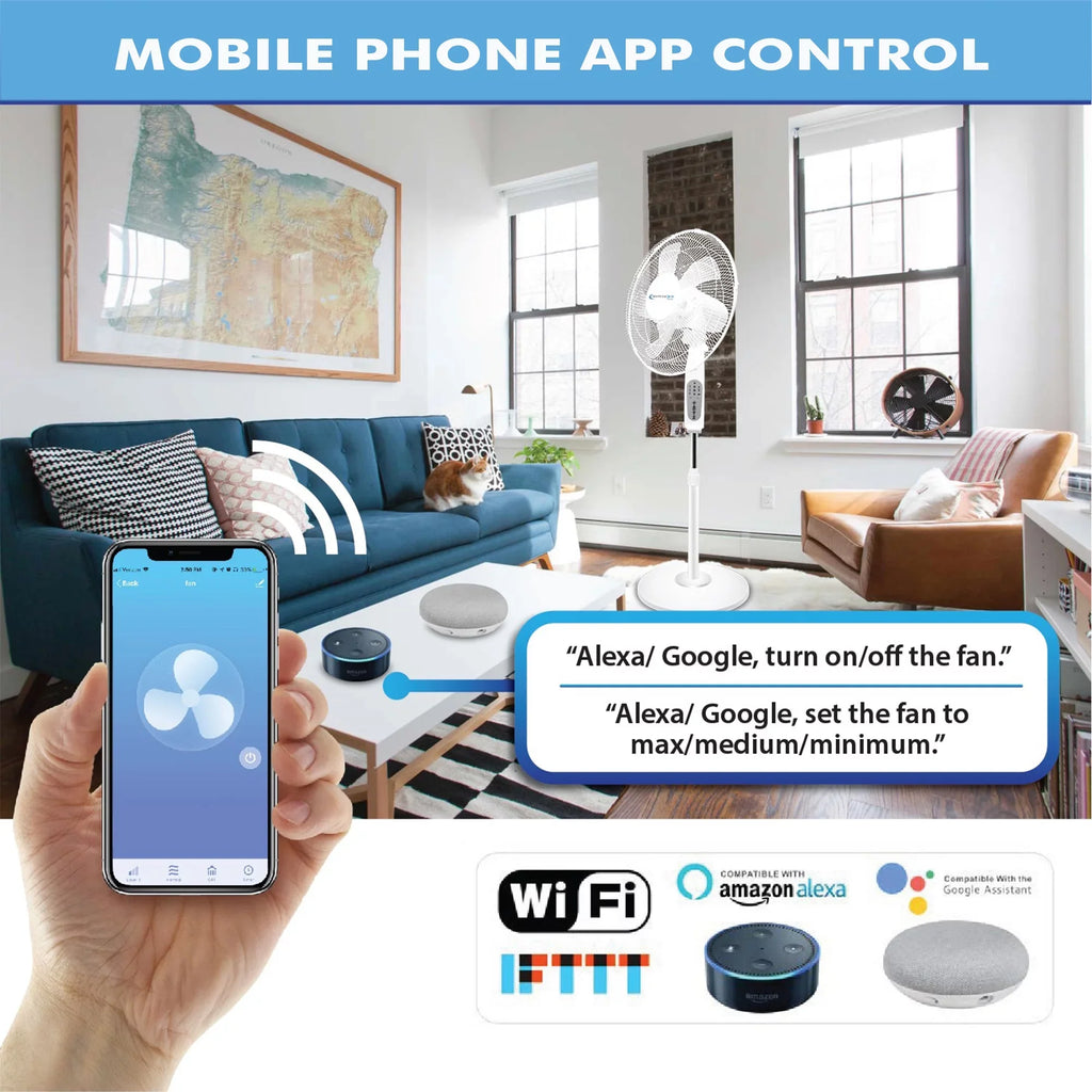Home 16" Technical Enabled Standing Oscillating Pro Alexa/ Amazon with Feature, WIFI Voice Compatibe Fan with