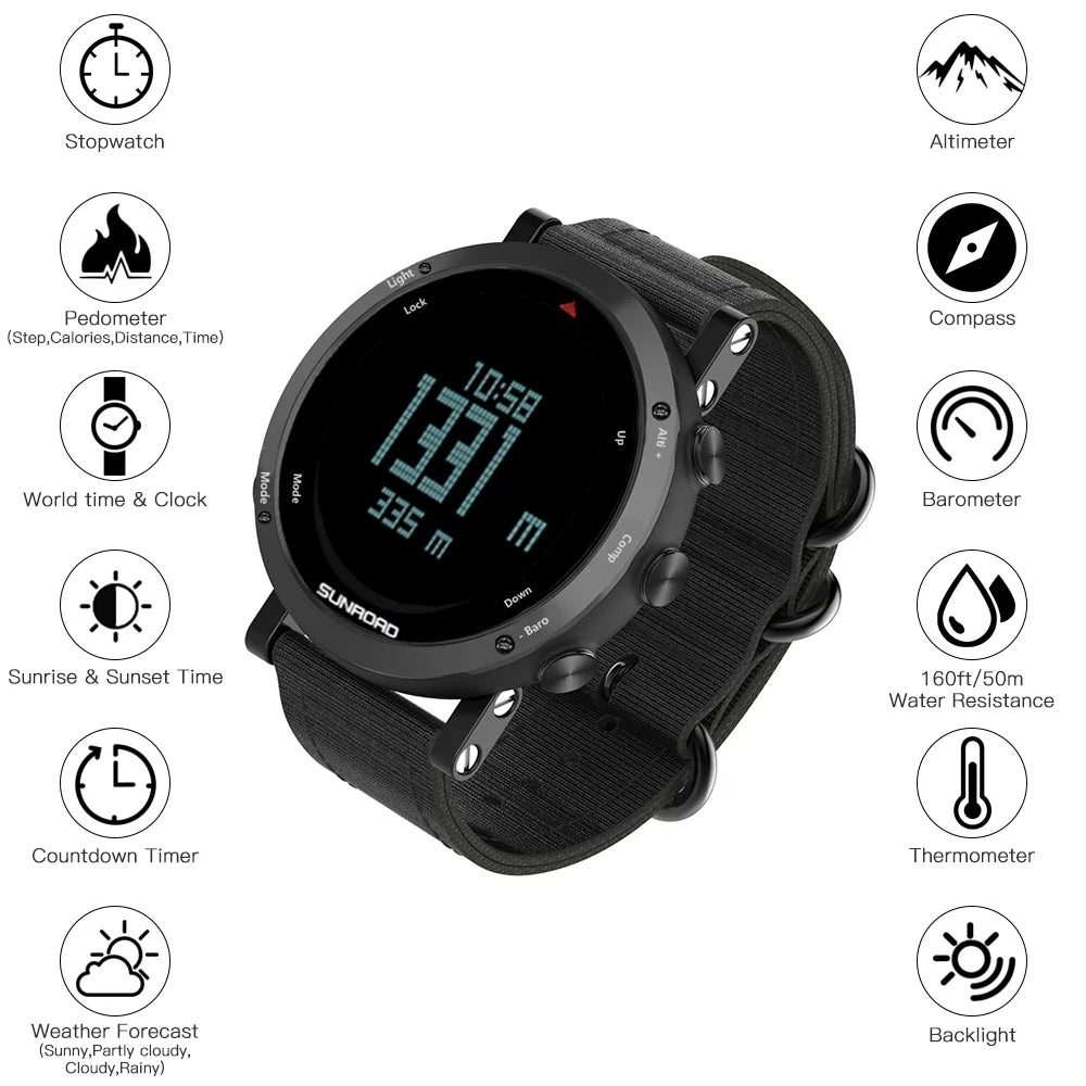Running Mountaineering Sports Compass Altimeter Forecast liquid-resistant Camping Multifunctional for Thermograph Watch climate Watch Men 50meters SUNROAD Barometer Trekking
