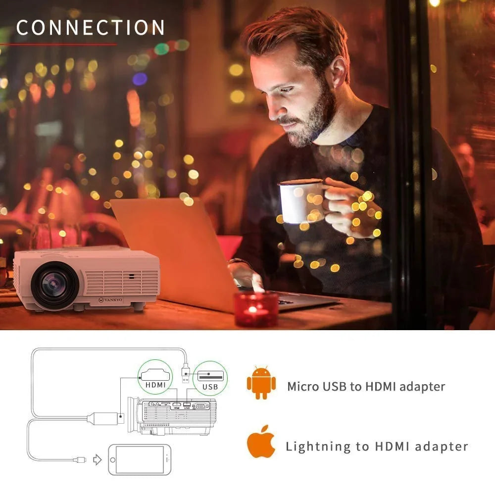 Leisure and Display, 200'' Lamp Compatible TV Support (White) Stick, with 1080P Projector 3 TF, Mini Projector VGA, USB 65000 LED Supported Portable PS4, HDMI, Life, with Hours AV VANKYO
