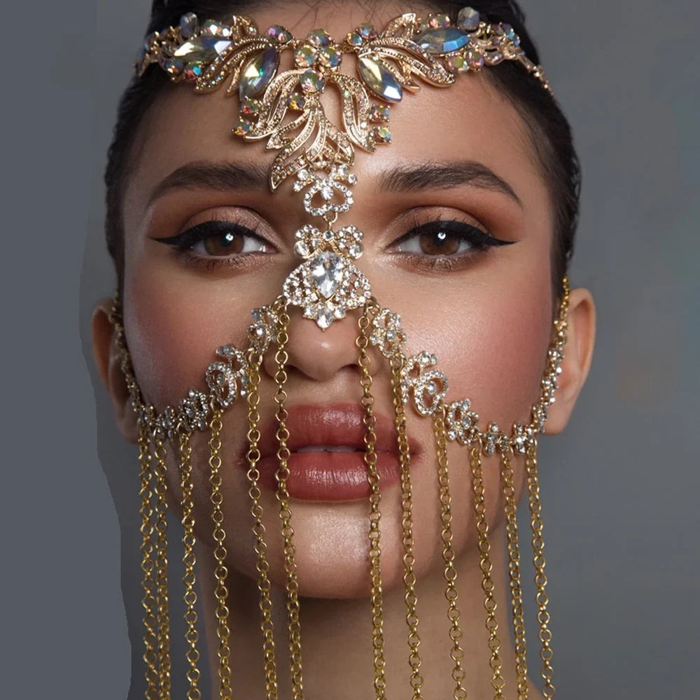 Tassel Chain Hair Women Jewelry Jewelry Costumes for Mask Headpiece Crystal Halloween Face Face Rhinestone