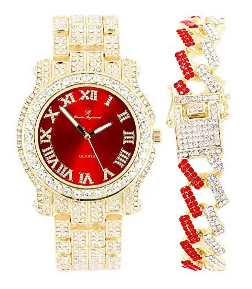 Watch Gold Bracelet w/Bling-ed Design Bling-ed Gold - Round Red Luxury Out Out ZZ Link Mens ZZ Blood L0504RNB