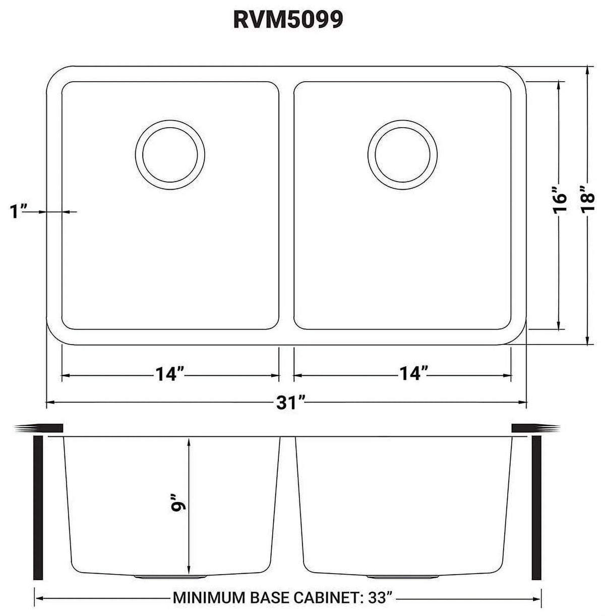 Ruvati Double USA 31 Stainless Kitchen Bowl Gauge 16 Steel Undermount in. RVM5099 Sink 50-50