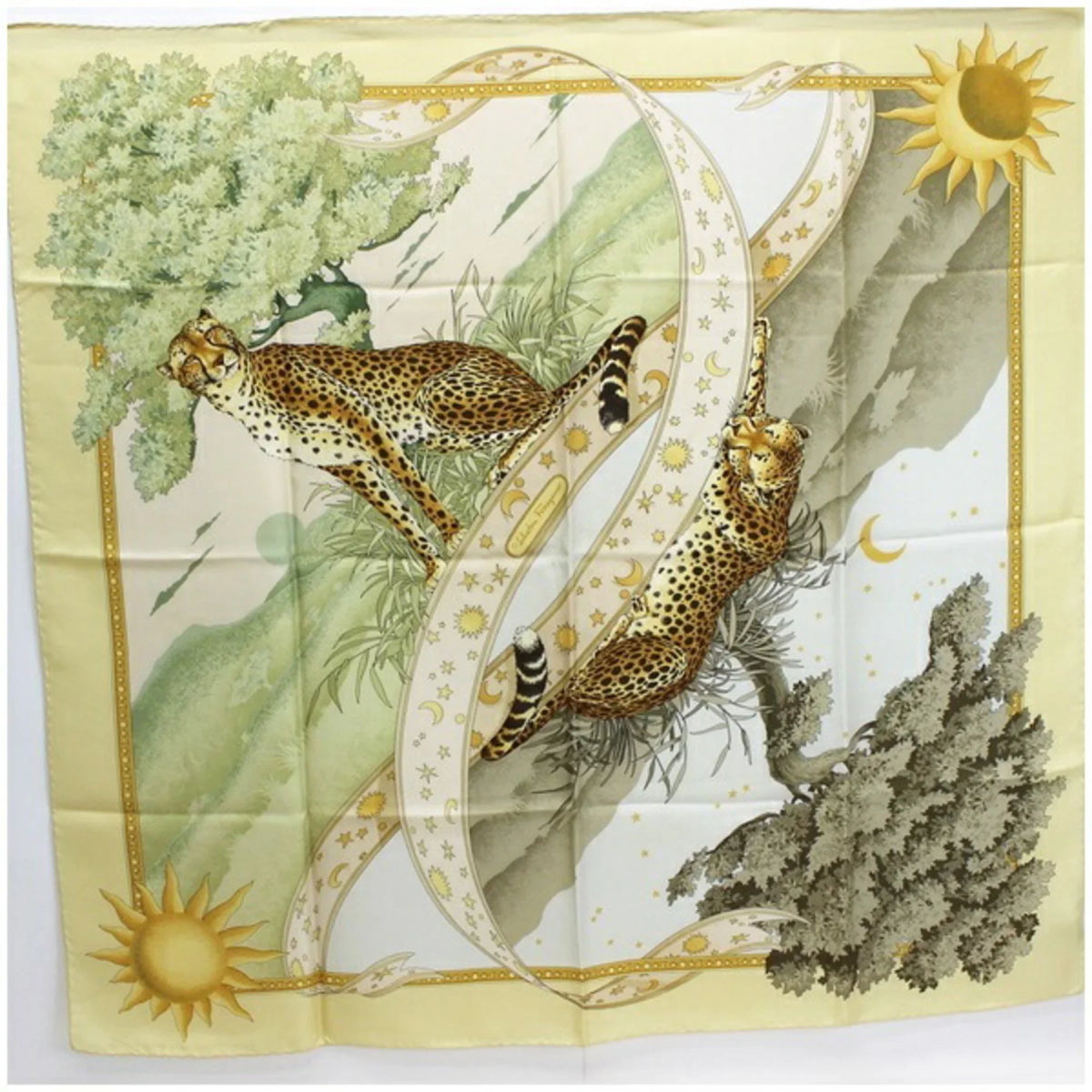 scarf (Good) Salvatore SALVATORE Pre-Owned muffler print yellow ladies animal FERRAGAMO silk Ferragamo leopard pattern paper