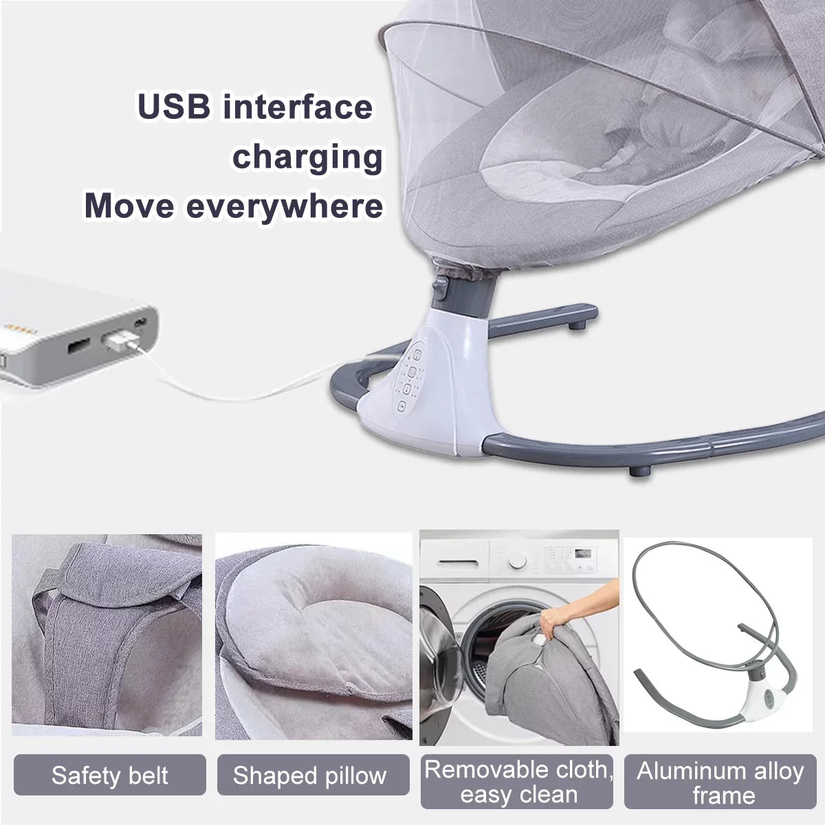 and Seat Baby Swing Control, Swing Electric Chair 4 Gray with Swing Speeds Infant Remote Portable