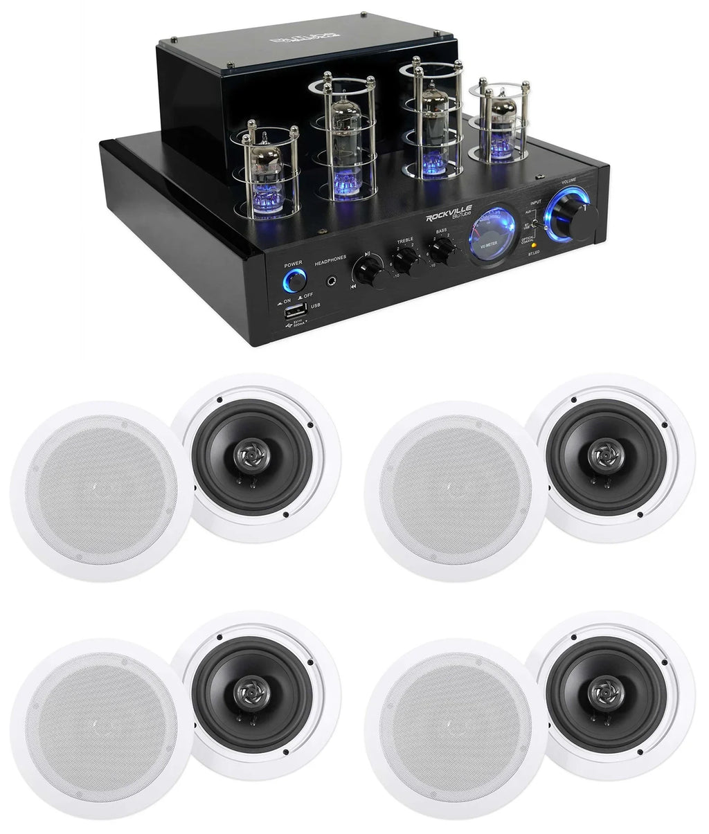 White Rockville Tube Receiver+(8) Theater LED Speakers Amp/Home 6.5" Ceiling