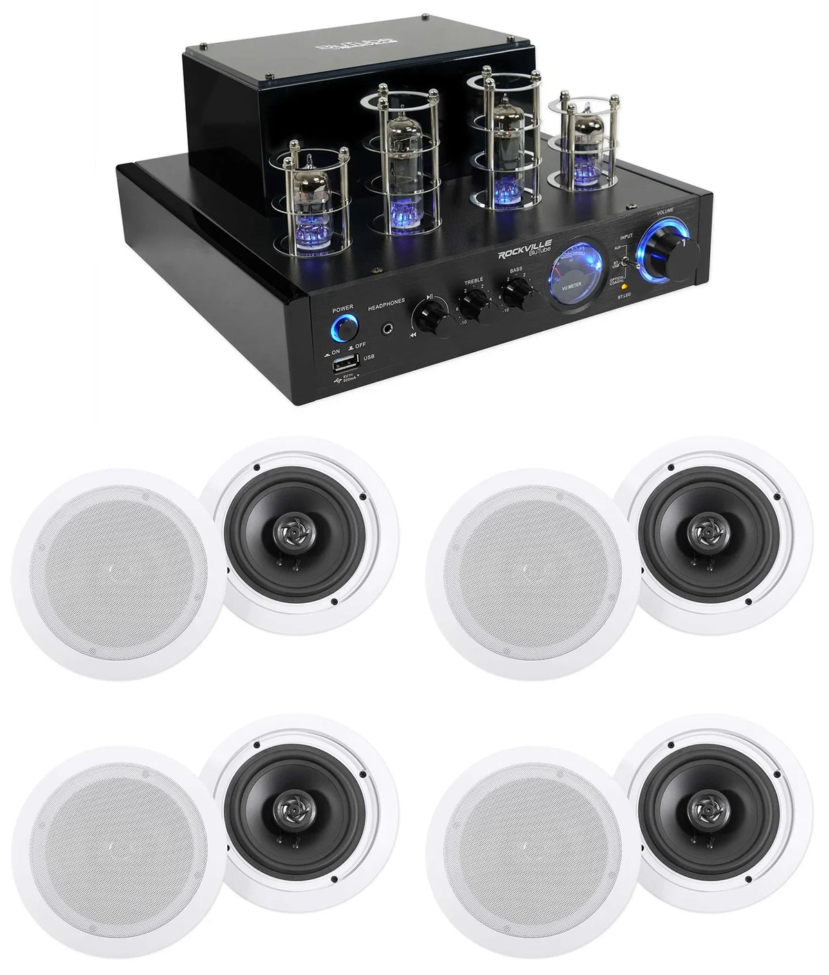 White Rockville Tube Receiver+(8) Theater LED Speakers Amp/Home 6.5" Ceiling