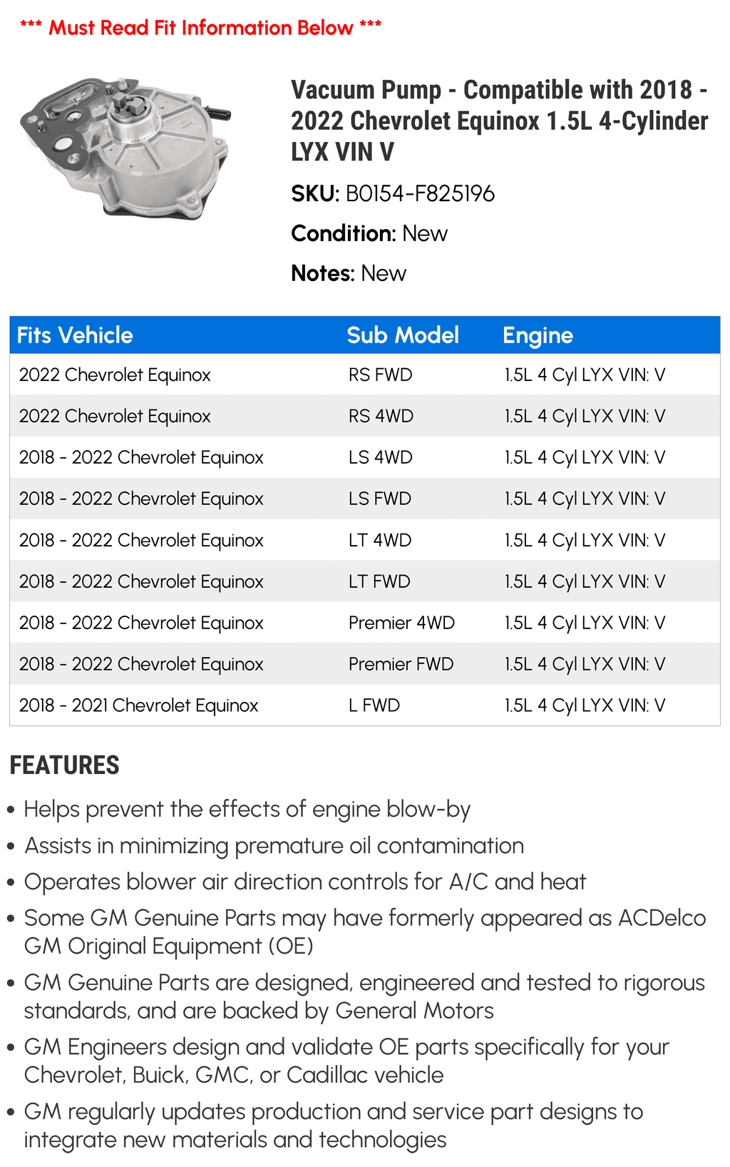 V 4-Cylinder Equinox with Compatible VIN LYX - 2018 2020 Pump 2019 Chevy 2021 1.5L 2022 Vacuum -