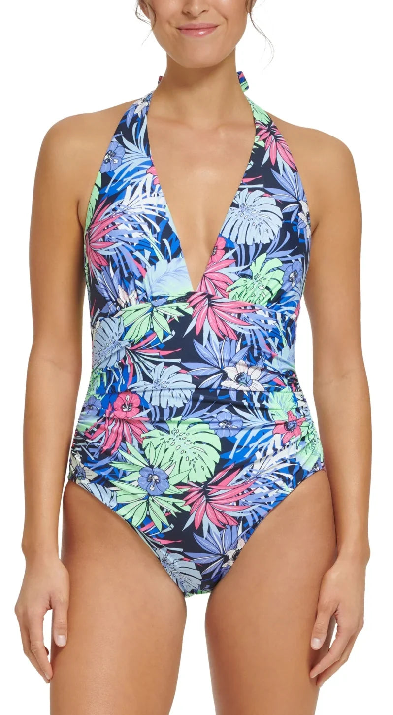 US Standard FLORAL Swimsuit, ALOHA 12 MINT NEO One-Piece Halter Hilfiger Tommy