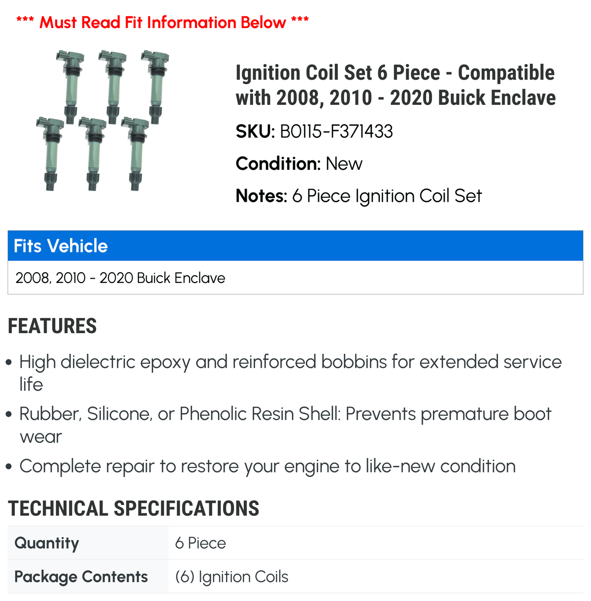 '- Compatible 2013 2016 2015 2017 6 2011 2018 Buick 2008, 2019 2012 with 2014 Coil - Set Piece 2020 2010 Ignition Enclave