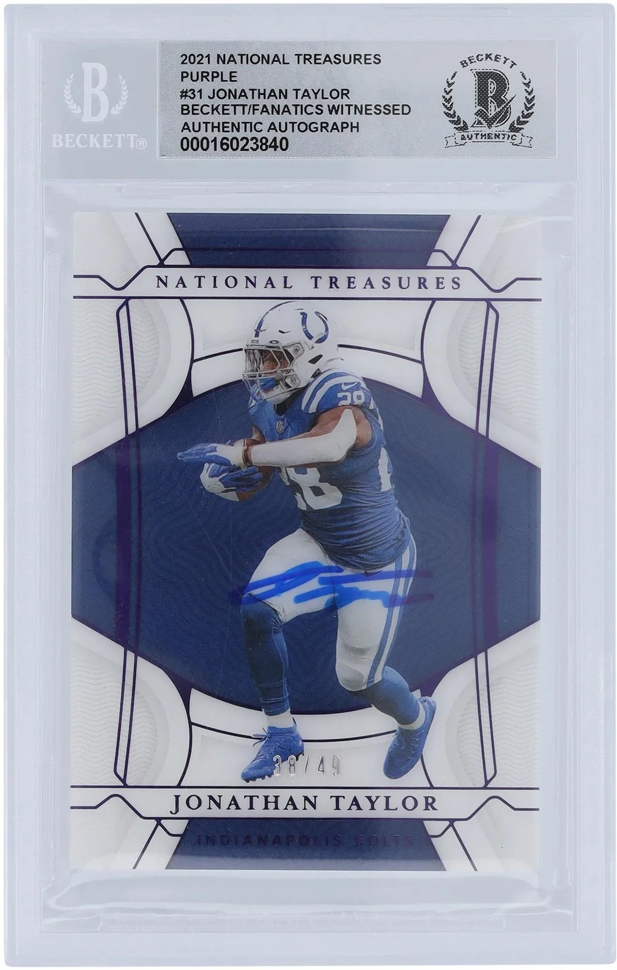 '- Jonathan Treasures Fanatics Taylor Authenticated 10 Certified Colts Beckett Authentic Autographed Fanatics Panini Purple Indianapolis #/49 2021 Card Witnessed #31 National